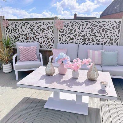 Vogue L-Shaped Corner Aluminium Lounge Dining Set with Armchair - Adjustable Rising Table in Chalk White