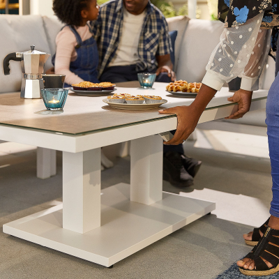 Vogue L-Shaped Corner Aluminium Lounge Dining Set with Armchair - Adjustable Rising Table in Chalk White