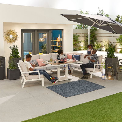 Vogue L-Shaped Corner Aluminium Lounge Dining Set with Armchair - Adjustable Rising Table in Chalk White