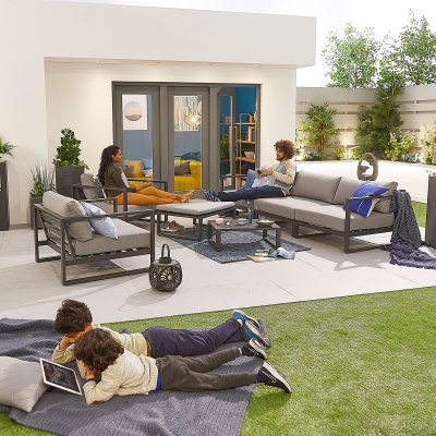 Alessandria Aluminium 3 Seater Sofa Lounging Set with Footstool with Nested Coffee Table & Additional 2 Armchairs in Graphite Grey