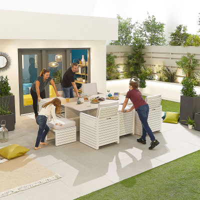 Adria 6 Seat Aluminium Cube Dining Set with 6 Stools - Rectangular Table in Chalk White