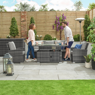 Cambridge 3 Seater Rattan Lounge Dining Set with 2 Armchairs - Rising Gas Fire Pit Table in Grey Rattan