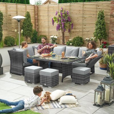 Cambridge L-Shaped Corner Reclining Arms Rattan Lounge Dining Set with 3 Stools - Left Handed Parasol Hole Table in Grey Rattan