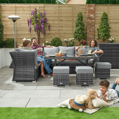 Cambridge L-Shaped Corner Reclining Arms Rattan Lounge Dining Set with 3 Stools - Left Handed Parasol Hole Table in Grey Rattan