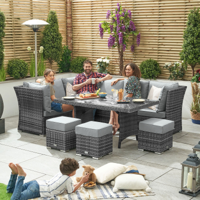 Cambridge L-Shaped Corner Reclining Arms Rattan Lounge Dining Set with 3 Stools - Left Handed Parasol Hole Table in Grey Rattan