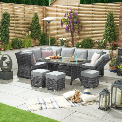 Cambridge L-Shaped Corner Reclining Arms Rattan Lounge Dining Set with 3 Stools - Left Handed Parasol Hole Table in Grey Rattan