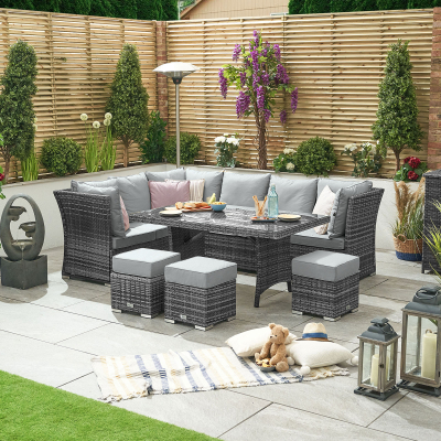 Cambridge L-Shaped Corner Reclining Arms Rattan Lounge Dining Set with 3 Stools - Left Handed Parasol Hole Table in Grey Rattan
