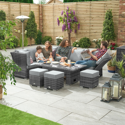 Cambridge L-Shaped Corner Reclining Arms Rattan Lounge Dining Set with 3 Stools - Left Handed Rising Table in Grey Rattan