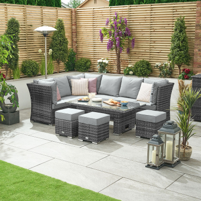 Cambridge L-Shaped Corner Reclining Arms Rattan Lounge Dining Set with 3 Stools - Left Handed Rising Table in Grey Rattan