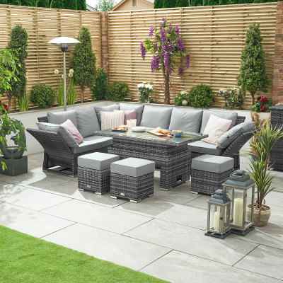 Cambridge L-Shaped Corner Reclining Arms Rattan Lounge Dining Set with 3 Stools - Left Handed Rising Table in Grey Rattan