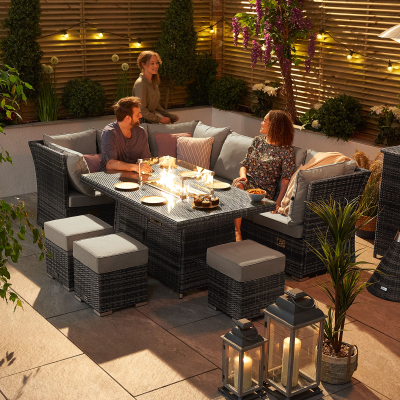 Cambridge L-Shaped Corner Reclining Arms Rattan Lounge Dining Set with 3 Stools - Left Handed Gas Fire Pit Table in Grey Rattan