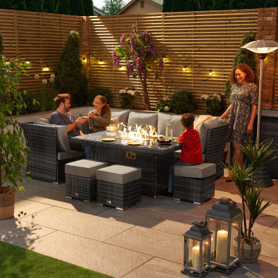 Cambridge L-Shaped Corner Reclining Arms Rattan Lounge Dining Set with 3 Stools - Left Handed Gas Fire Pit Table in Grey Rattan