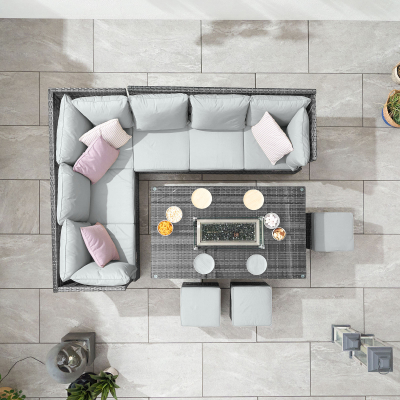 Cambridge L-Shaped Corner Reclining Arms Rattan Lounge Dining Set with 3 Stools - Left Handed Gas Fire Pit Table in Grey Rattan