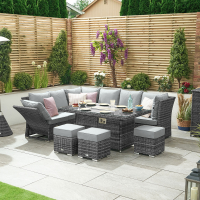 Cambridge L-Shaped Corner Reclining Arms Rattan Lounge Dining Set with 3 Stools - Left Handed Gas Fire Pit Table in Grey Rattan