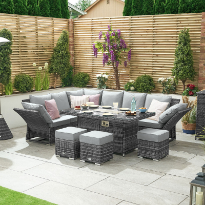 Cambridge L-Shaped Corner Reclining Arms Rattan Lounge Dining Set with 3 Stools - Left Handed Gas Fire Pit Table in Grey Rattan