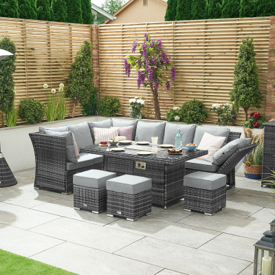 Cambridge L-Shaped Corner Reclining Arms Rattan Lounge Dining Set with 3 Stools - Left Handed Gas Fire Pit Table in Grey Rattan