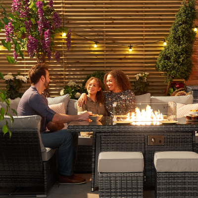 Cambridge L-Shaped Corner Reclining Arms Rattan Lounge Dining Set with 3 Stools - Left Handed Gas Fire Pit Table in Grey Rattan