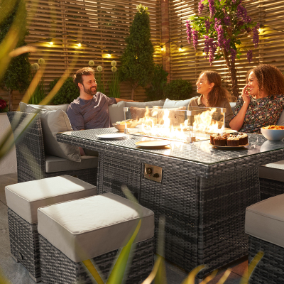 Cambridge L-Shaped Corner Reclining Arms Rattan Lounge Dining Set with 3 Stools - Left Handed Gas Fire Pit Table in Grey Rattan