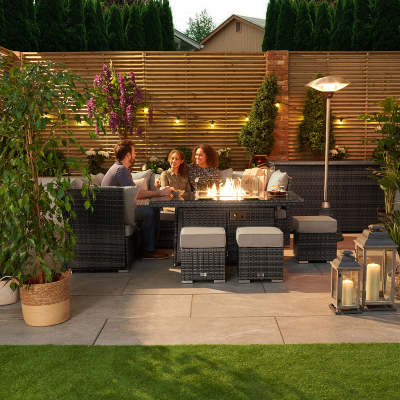 Cambridge L-Shaped Corner Reclining Arms Rattan Lounge Dining Set with 3 Stools - Left Handed Gas Fire Pit Table in Grey Rattan