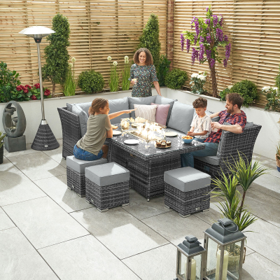 Cambridge L-Shaped Corner Reclining Arms Rattan Lounge Dining Set with 3 Stools - Left Handed Gas Fire Pit Table in Grey Rattan