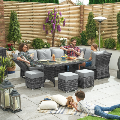 Cambridge L-Shaped Corner Reclining Arms Rattan Lounge Dining Set with 3 Stools - Right Handed Parasol Hole Table in Grey Rattan