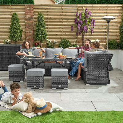 Cambridge L-Shaped Corner Reclining Arms Rattan Lounge Dining Set with 3 Stools - Right Handed Parasol Hole Table in Grey Rattan