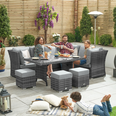 Cambridge L-Shaped Corner Reclining Arms Rattan Lounge Dining Set with 3 Stools - Right Handed Parasol Hole Table in Grey Rattan