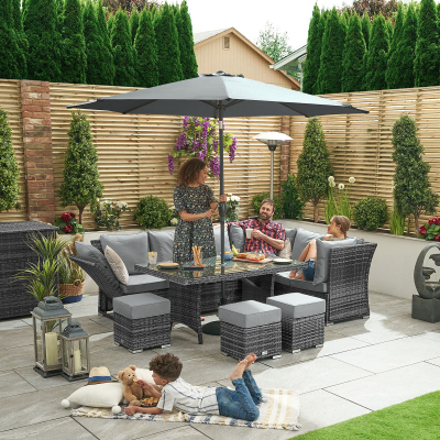 Cambridge L-Shaped Corner Reclining Arms Rattan Lounge Dining Set with 3 Stools - Right Handed Parasol Hole Table in Grey Rattan