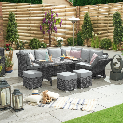 Cambridge L-Shaped Corner Reclining Arms Rattan Lounge Dining Set with 3 Stools - Right Handed Parasol Hole Table in Grey Rattan
