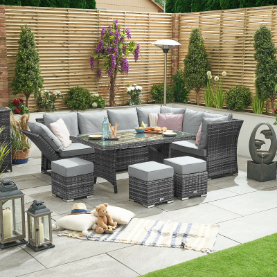 Cambridge L-Shaped Corner Reclining Arms Rattan Lounge Dining Set with 3 Stools - Right Handed Parasol Hole Table in Grey Rattan