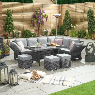Cambridge L-Shaped Corner Reclining Arms Rattan Lounge Dining Set with 3 Stools - Right Handed Parasol Hole Table in Grey Rattan