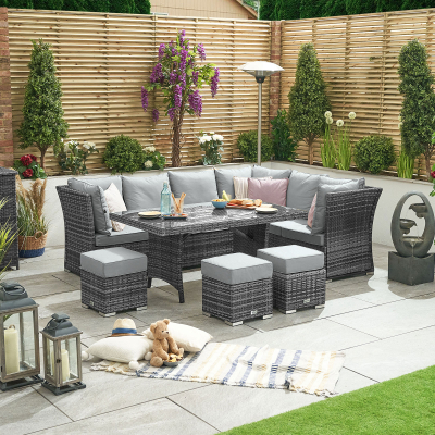 Cambridge L-Shaped Corner Reclining Arms Rattan Lounge Dining Set with 3 Stools - Right Handed Parasol Hole Table in Grey Rattan