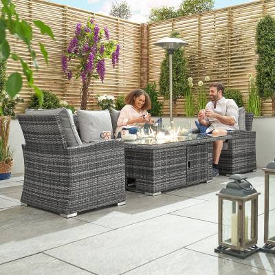 Cambridge 3 Seater Rattan Lounge Dining Set with 2 Armchairs - Rising Gas Fire Pit Table in Grey Rattan