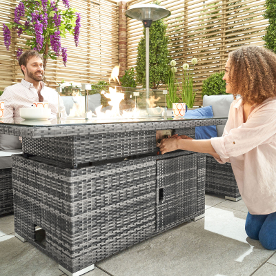 Cambridge 3 Seater Rattan Lounge Dining Set with 2 Armchairs - Rising Gas Fire Pit Table in Grey Rattan