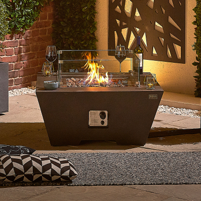 Perth Square GRC Gas Fire Pit Table with Windguard in Coffee