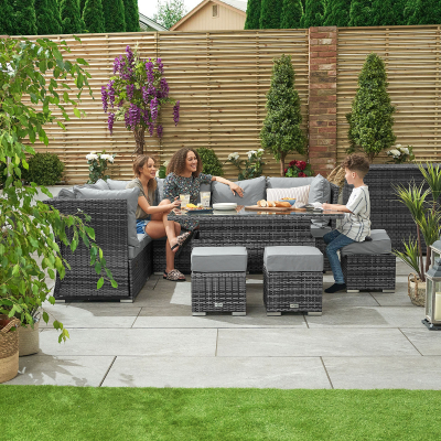 Cambridge L-Shaped Corner Reclining Arms Rattan Lounge Dining Set with 3 Stools - Left Handed Rising Table in Grey Rattan