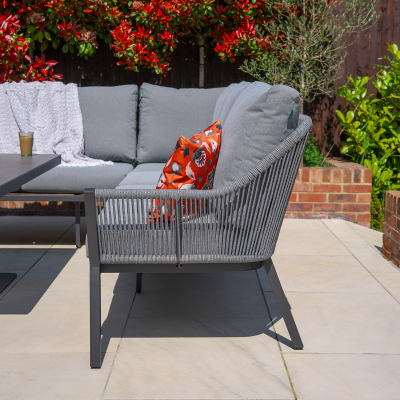Darcey L-Shaped Corner Rope Aluminium Lounge Dining Set with Bench - Right Handed Rising Table in Heron Grey