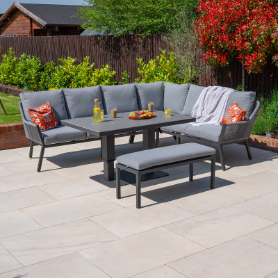 Darcey L-Shaped Corner Rope Aluminium Lounge Dining Set with Bench - Right Handed Rising Table in Heron Grey