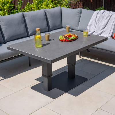Darcey L-Shaped Corner Rope Aluminium Lounge Dining Set with Bench - Right Handed Rising Table in Heron Grey