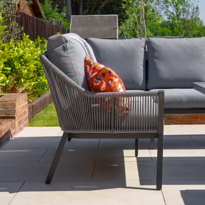 Darcey L-Shaped Corner Rope Aluminium Lounge Dining Set with Bench - Right Handed Rising Table in Heron Grey