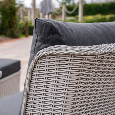 Talia L-Shaped Grande Corner Rattan Lounge Dining Set with Reclining Armchair and Bench - Right Handed Rising Table in White Wash