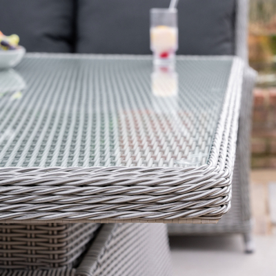 Talia L-Shaped Grande Corner Rattan Lounge Dining Set with Reclining Armchair and Bench - Right Handed Rising Table in White Wash