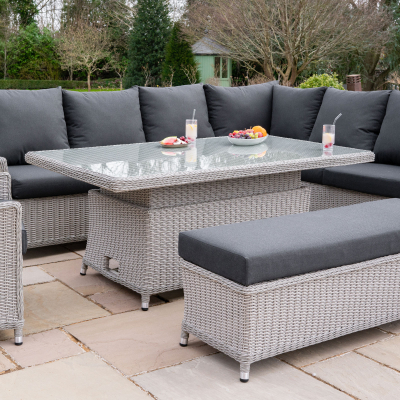 Talia L-Shaped Grande Corner Rattan Lounge Dining Set with Reclining Armchair and Bench - Right Handed Rising Table in White Wash