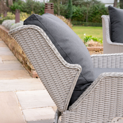 Talia L-Shaped Grande Corner Rattan Lounge Dining Set with Reclining Armchair and Bench - Right Handed Rising Table in White Wash