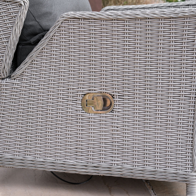 Talia L-Shaped Grande Corner Rattan Lounge Dining Set with Reclining Armchair and Bench - Right Handed Rising Table in White Wash