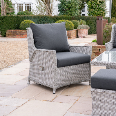 Talia L-Shaped Grande Corner Rattan Lounge Dining Set with Reclining Armchair and Bench - Right Handed Rising Table in White Wash
