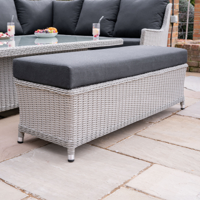 Talia L-Shaped Grande Corner Rattan Lounge Dining Set with Reclining Armchair and Bench - Right Handed Rising Table in White Wash