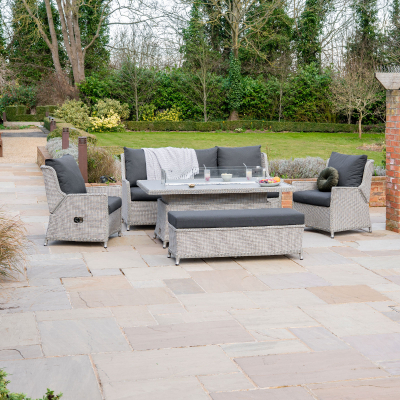 Talia 3 Seater Grande Rattan Lounge Dining Set with 2 Reclining Armchairs and Bench - Rising Gas Fire Pit Table in White Wash