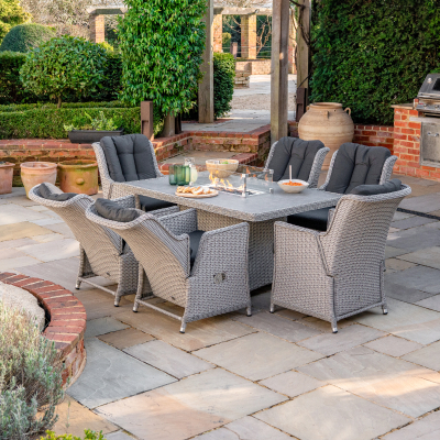 Talia 6 Seat Rattan Reclining Dining Set - Rectangular Gas Fire Pit Table in White Wash