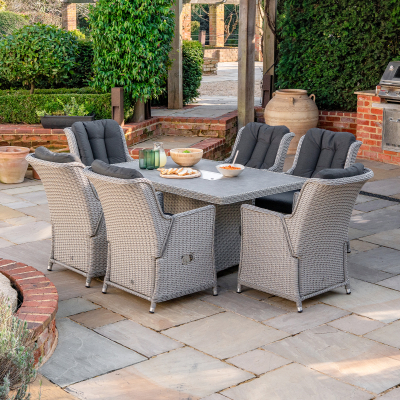 Talia 6 Seat Rattan Reclining Dining Set - Rectangular Gas Fire Pit Table in White Wash